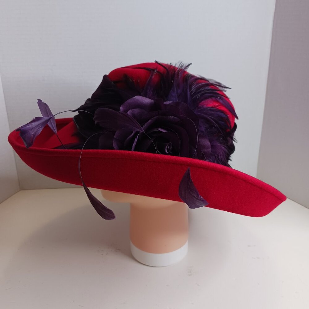 Vintage Derby Hat Fascinator Church Formal Wool Hat Red Purple